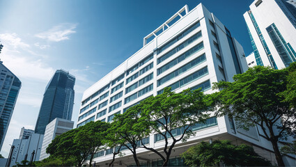 Eco friendly urban office building with tree symbolizing sustainable development and architecture