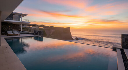 Fototapeta premium Serene sunset view from a luxurious villa overlooking a tranquil infinity pool and ocean