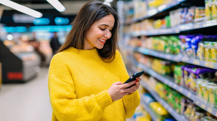 Smiling woman using smartphone while shopping in supermarket aisle.
