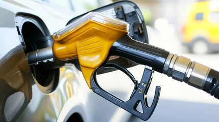 Gas pump nozzle pouring yellow fuel fuel station image outdoor close-up clarity and detail