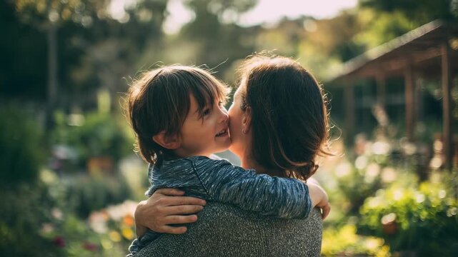 Medium focus on a nonbinary parent embracing their child outdoors surrounded by a softly blurred garden setting representing love and nurturing in diverse families.