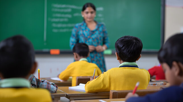 Group of schoolchildren attentively listening to female teacher in classroom with chalkboard.
