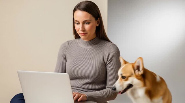Attractive Woman Working on Laptop with Corgi Dog Sitting Beside Her in a Modern Room with Neutral Colors and Soft Lighting