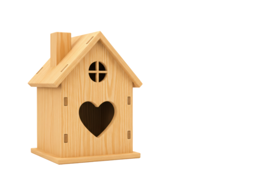 Isolated birdhouse with heart and circle, decorative wooden nesting box, love theme