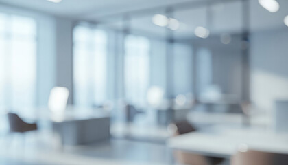 Blurred office interior with desks chairs and glass walls in a light color scheme, showcasing clean professional workspace design with bright minimalistic atmosphere.