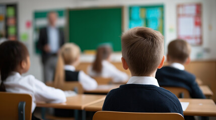 Group of schoolchildren in uniform sitting at desks and facing a teacher in a classroom.
