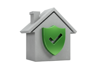 Isolated house with green shield for protection of property, real estate and security