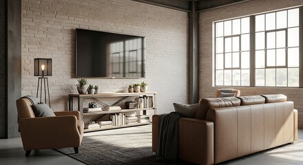 Fototapeta premium Sunlit industrial loft living room with leather furniture and exposed brick wall.
