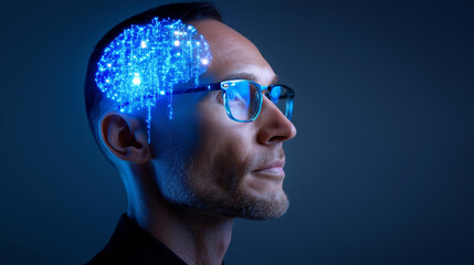 Side profile of man with glowing digital brain hologram symbolizing artificial intelligence.
