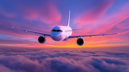 Commercial airplane flying above clouds at sunset with colorful sky.
