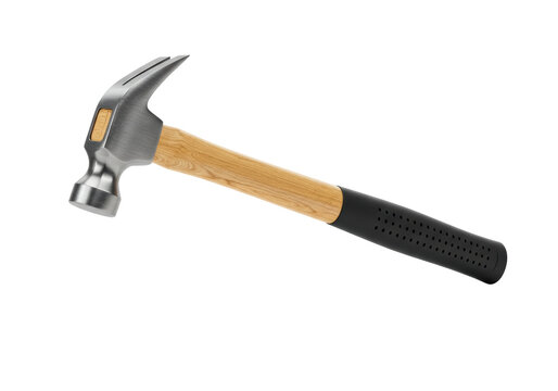 Isolated claw hammer with metal head, wood handle, and black grip for construction