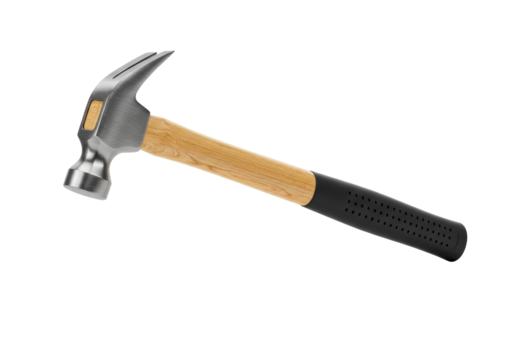 Isolated claw hammer with metal head, wood handle, and black grip for construction