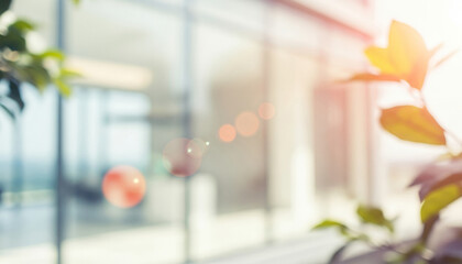 Blurred image of a building exterior with foliage and bright sunlight, showcasing natural greenery combined with modern architecture in a warm vibrant atmosphere.
