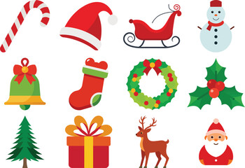 Vector art of collection of christmas icons including santa, reindeer, snowman, sleigh, candy cane, bell, stocking, wreath, and gift