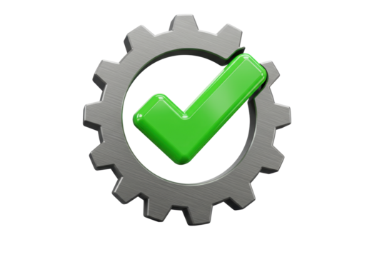 Isolated Gear with Green Check Mark Represents Success, Process, or Confirmation Concept
