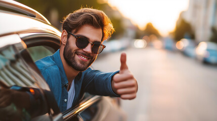 Smiling man wearing sunglasses giving thumbs up from car window at sunset.

