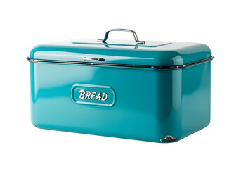 Turquoise bread box isolated on transparent background, a retrostyle kitchen storage container for keeping loaves fresh and delicious, with a metal handle and lid