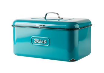 Turquoise bread box isolated on transparent background, a retrostyle kitchen storage container for keeping loaves fresh and delicious, with a metal handle and lid