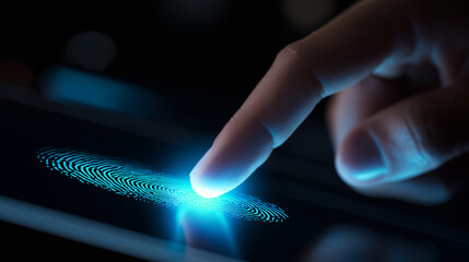 Finger touching glowing digital interface with futuristic blue elements.
