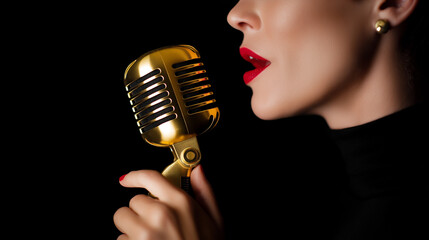 Stylish woman with red lips singing into a golden retro microphone against black background.