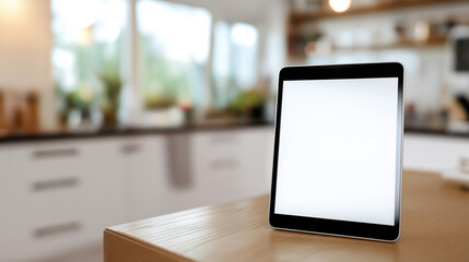 Tablet with blank white screen standing on wooden kitchen counter in cozy home interior.
