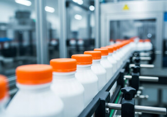 Fototapeta premium Bottles with orange caps moving on a conveyor belt in a factory