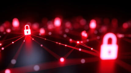Digital red padlocks floating over a connected network symbolizing cybersecurity.
