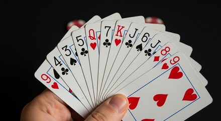 A Hand of Playing Cards Held Against a Dark Background, Featuring Various Suits and Ranks