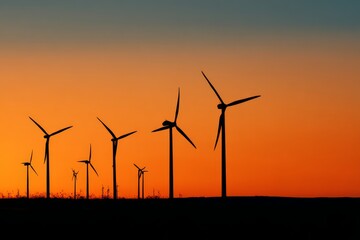 Obraz premium Silhouette of wind turbines against orange and blue sunset sky, green energy technology and sustainable power generation with renewable resources.