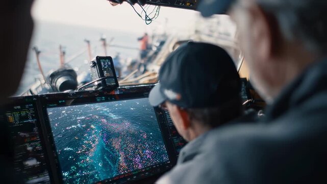 Focused medium shot of a drone view screen showing concentrated offshore trash patches with operators and blurred coastal landscape in the background illustrating techassisted
