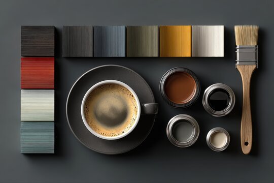 Coffee Break Palette Paint Samples Brush and Cup of Coffee Interior Design on transparent background - Powered by Adobe