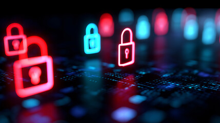 Red and blue digital padlocks floating over dark network background symbolizing cybersecurity.
