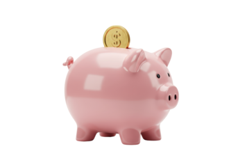 Isolated pink piggy bank with golden dollar coin saving for future investment