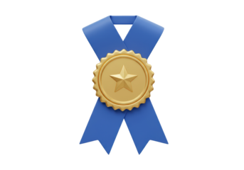 Isolated gold medal with blue ribbon award, success achievement vector graphic render