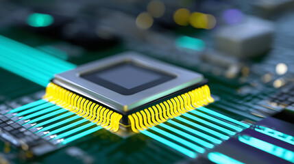 Close-up of glowing microchip on motherboard with electronic circuits.
