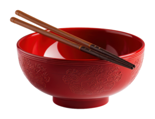 Elegant red bowl with chopsticks kitchen tableware minimalist isolated on transparent background