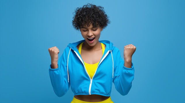 Excited young woman in blue hoodie celebrating with clenched fists.
