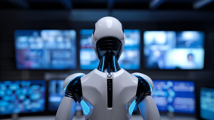Back view of humanoid robot analyzing multiple surveillance screens in a control room.
