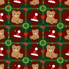 seamless pattern with bears on  red and green square,  christmas vector, santa claus, xmas illustration, holiday sale, greeting card, new year background
