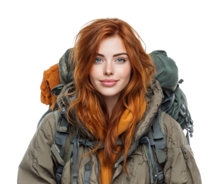 Adventure hiking female backpacker nature portrait view isolated on transparent background