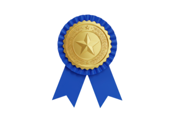 Isolated award ribbon with gold star and blue accents, for quality approval and recognition