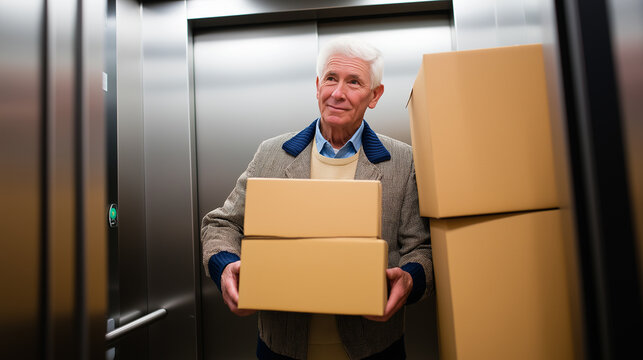 Elderly man carrying cardboard boxes inside an elevator.
