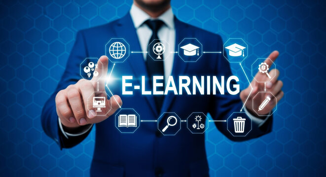 Businessman Interacting with E- Learning Network of Digital Icons suit e-learning - Powered by Adobe