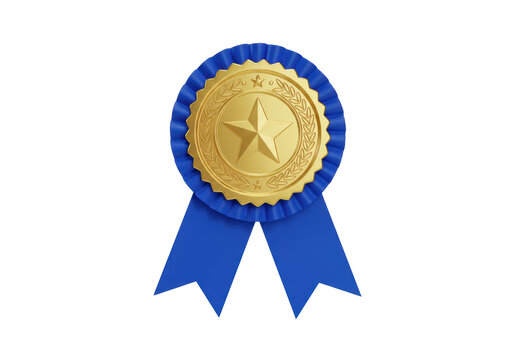 Isolated award ribbon with gold star and blue accents, for quality approval and recognition