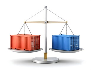 Red shipping container and blue shipping container balanced on metallic weighing scale symbolizing trade equality export import and global logistics
