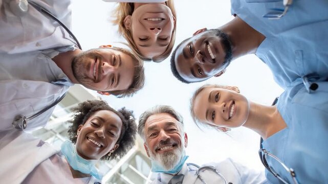 Smiling medical team: a close-up, low-angle perspective captures a diverse team of doctors and nurses, radiating professionalism, camaraderie, and optimism towards the viewer. 