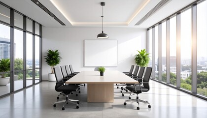 Bright office boardroom with clean white walls, empty poster template for branding, and professional workspace environment.