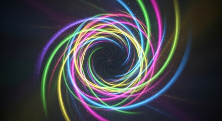 Vibrant rainbow spiral tunnel with glowing particles in a dark abyss