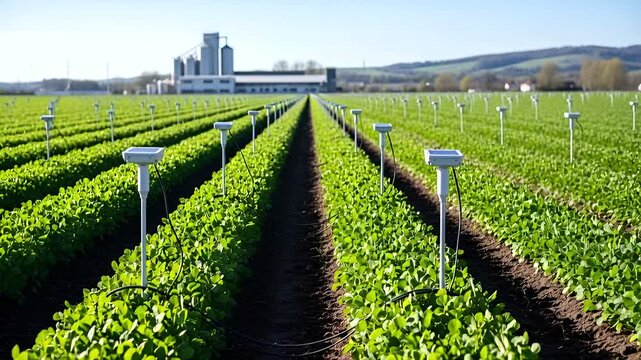 Precision agriculture monitoring growth of crops with advanced sensor technology on a farm