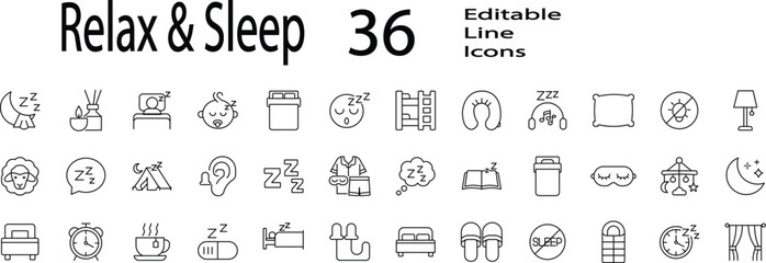 Relax & Sleep icon set. Editable stroke.	